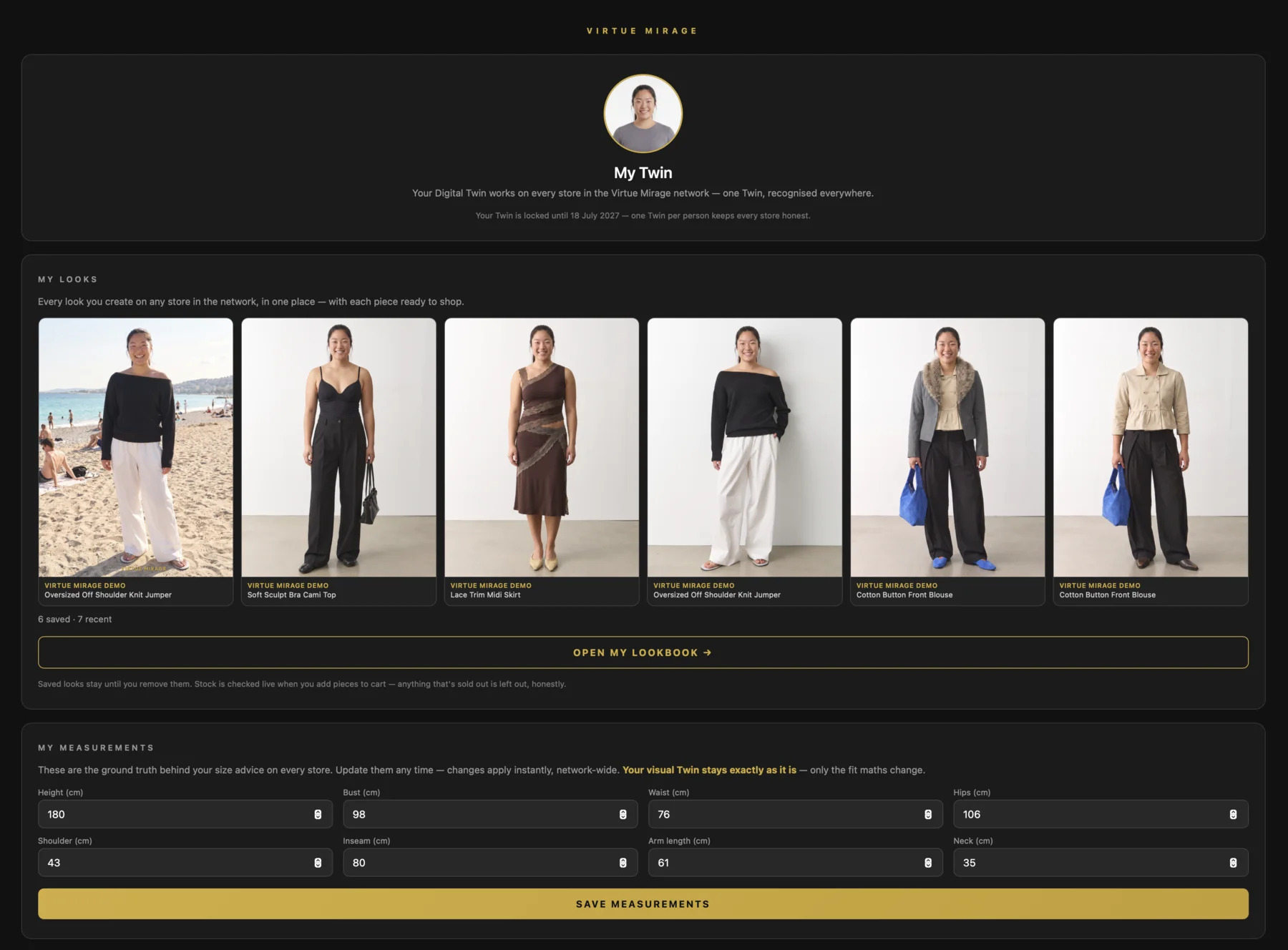 The customer's My Twin dashboard with their saved looks from across the network
