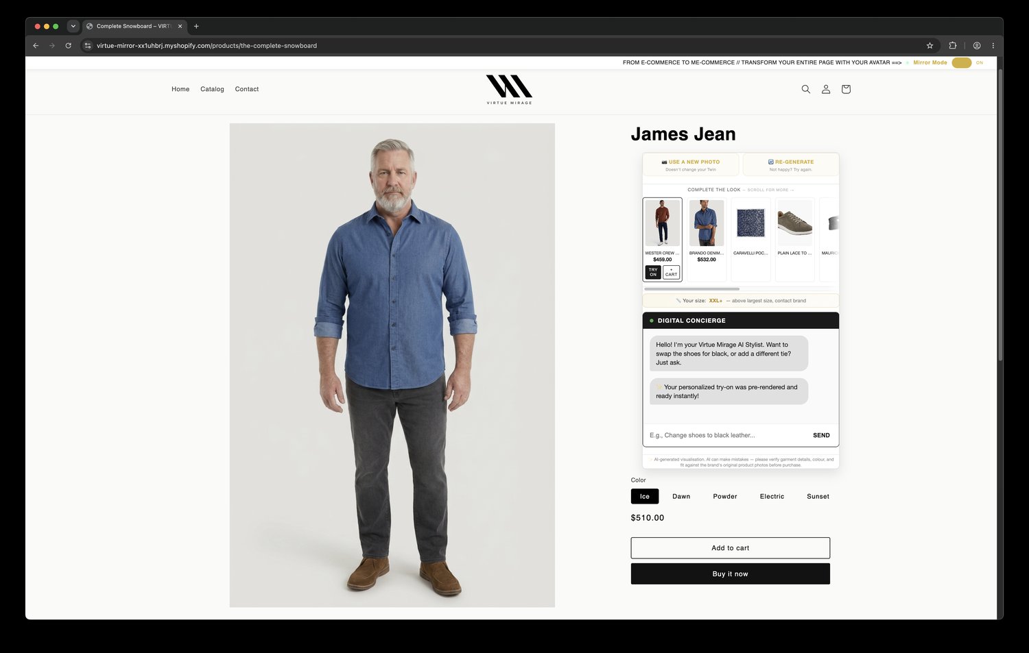 Inline iframe widget — Virtue Mirage embedded on any Shopify product page
