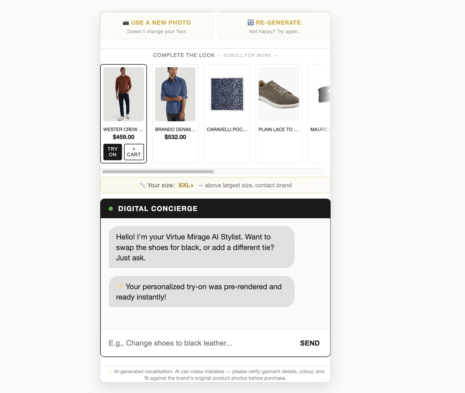 Size recommendation badge — Virtue Mirage suggests M based on customer measurements